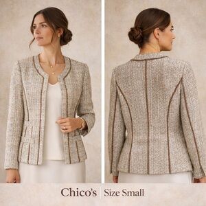 Chico’s Cream Brown Tweed Blazer Metallic Thread Open Front Jacket Size Small